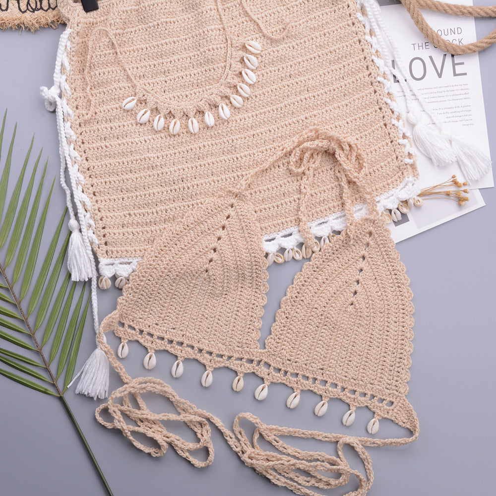 Woman's Bikini Crochet Shell Tassel Bikini Top And Seashell Beach Skirt