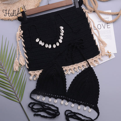 Woman's Bikini Crochet Shell Tassel Bikini Top And Seashell Beach Skirt