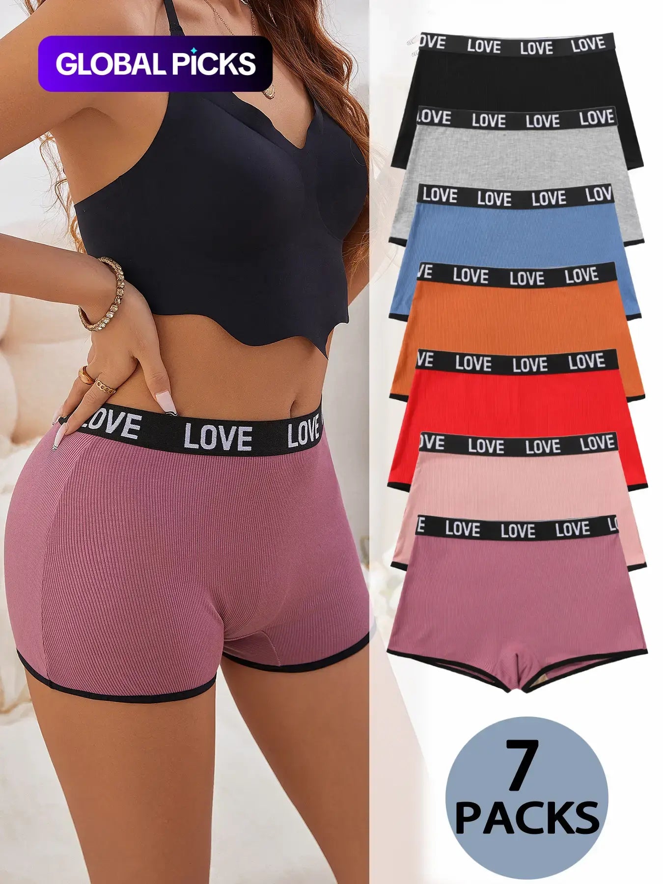 Women'S 7Pcs Letter Tape Contrast Binding Ribbed Boyshorts, Fitted Knickers, Soft Comfy Breathable Panties for Daily Wear, Underwear for All Seasons Womenswear