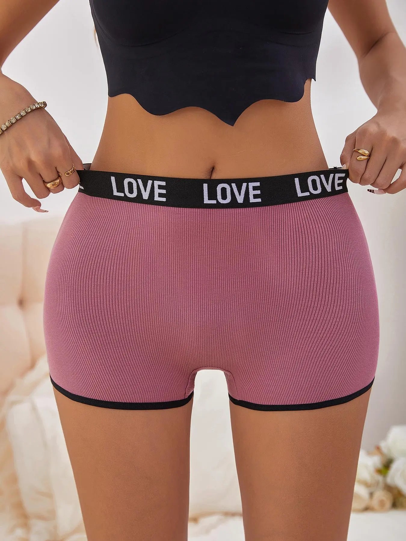 Women'S 7Pcs Letter Tape Contrast Binding Ribbed Boyshorts, Fitted Knickers, Soft Comfy Breathable Panties for Daily Wear, Underwear for All Seasons Womenswear