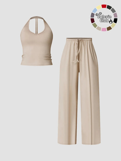 Women'S Quick-Dry Sports Tank Top, Casual High-Waisted Bell Bottoms, Comfortable Sporty, All-Season Plain Style, Sports Wear Set