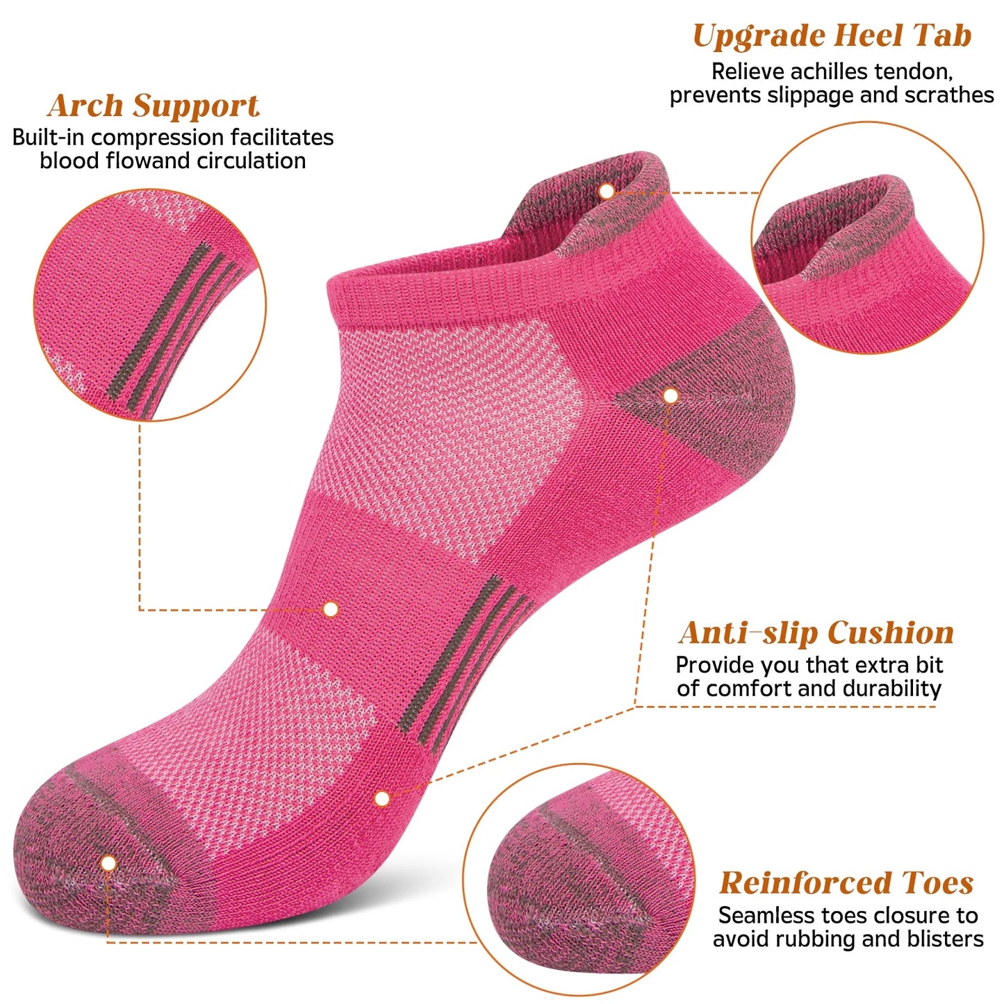 Womens Ankle Socks, Athletic Running Sports Cushioned Colored Socks 6 Pairs, Size 6-8