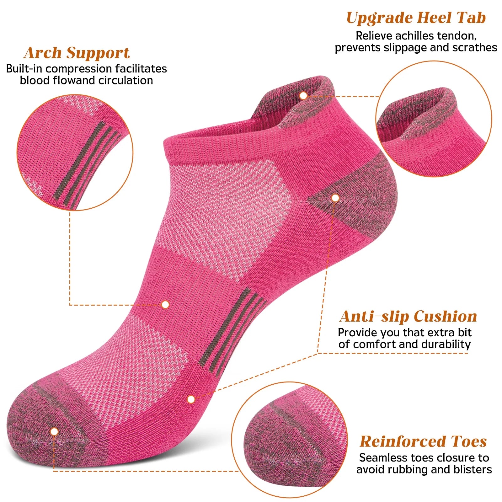 Womens Ankle Socks, Athletic Running Sports Cushioned Colored Socks 6 Pairs, Size 6-8