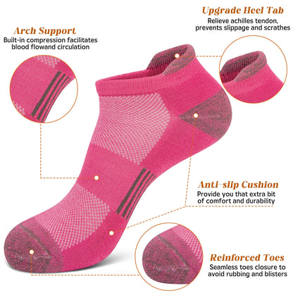 Womens Ankle Socks, Athletic Running Sports Cushioned Colored Socks 6 Pairs, Size 6-8