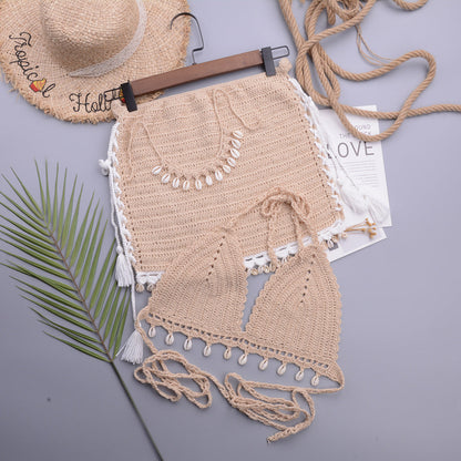 Woman's Bikini Crochet Shell Tassel Bikini Top And Seashell Beach Skirt