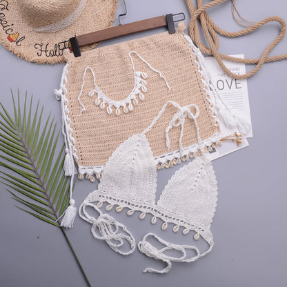 Woman's Bikini Crochet Shell Tassel Bikini Top And Seashell Beach Skirt