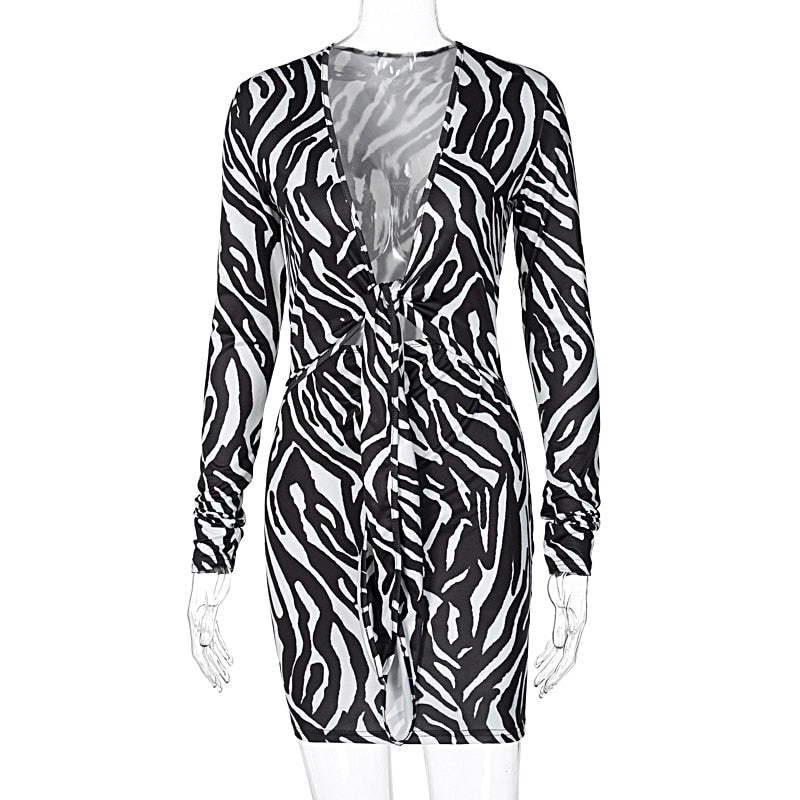 Zebra Print Long Sleeve V-Neck Mini Dress