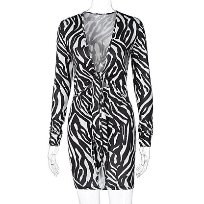 Zebra Print Long Sleeve V-Neck Mini Dress