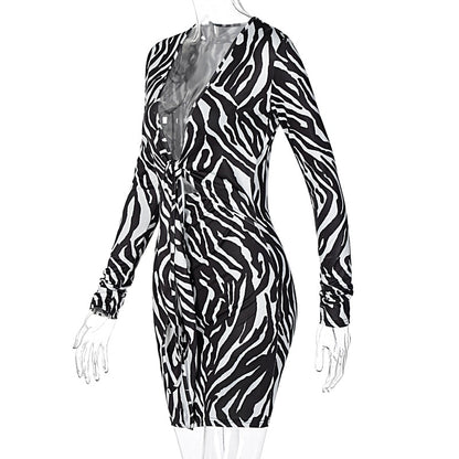 Zebra Print Long Sleeve V-Neck Mini Dress