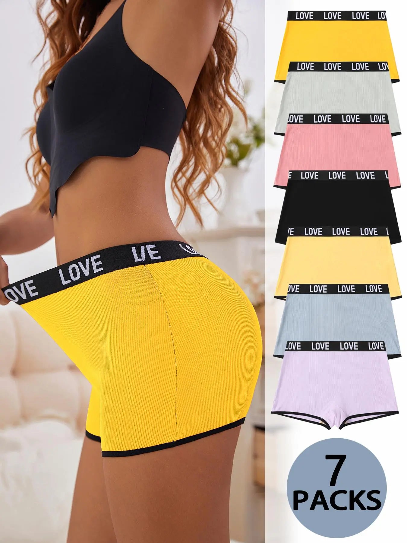 Women'S 7Pcs Letter Tape Contrast Binding Ribbed Boyshorts, Fitted Knickers, Soft Comfy Breathable Panties for Daily Wear, Underwear for All Seasons Womenswear
