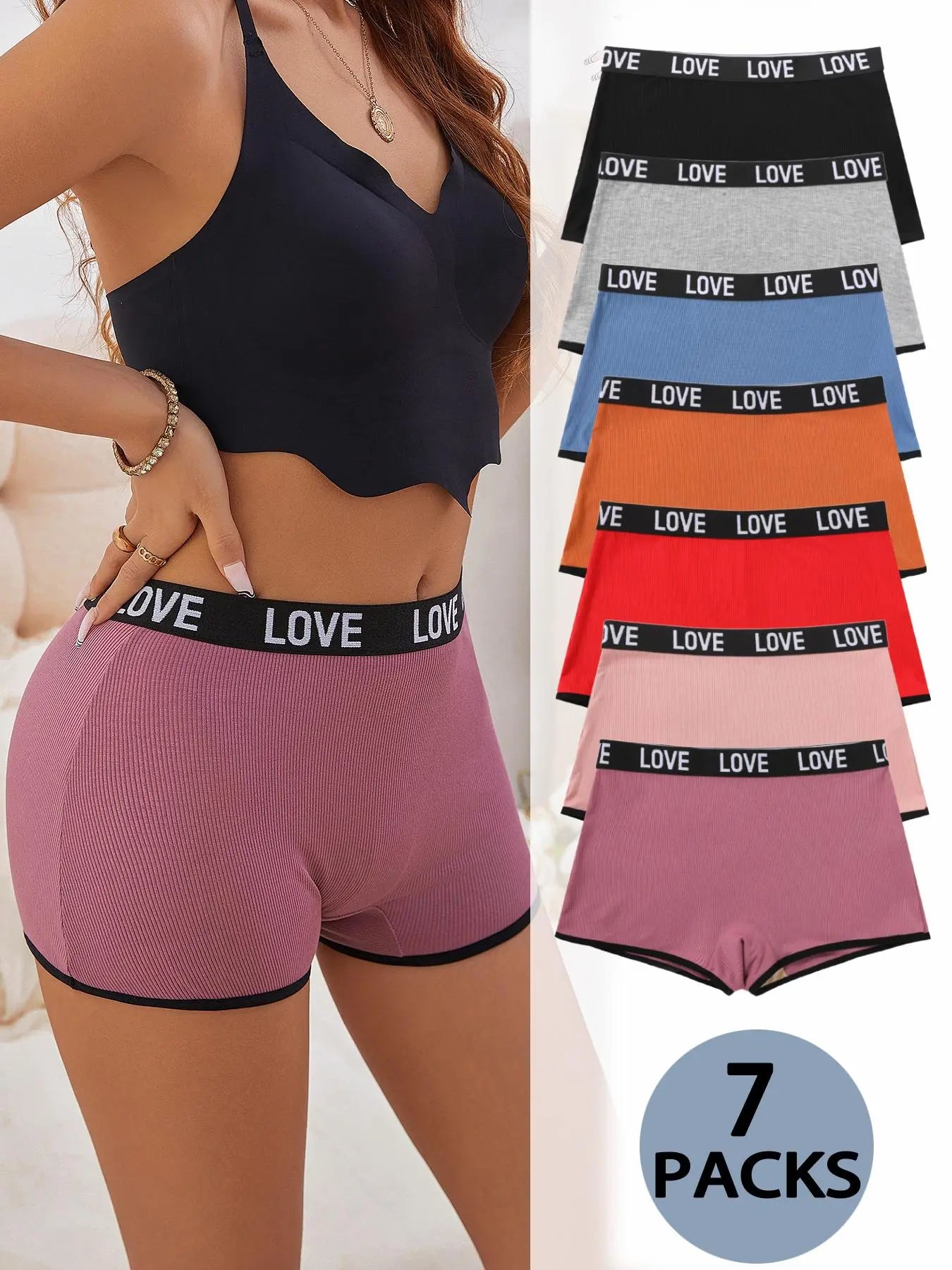 Women'S 7Pcs Letter Tape Contrast Binding Ribbed Boyshorts, Fitted Knickers, Soft Comfy Breathable Panties for Daily Wear, Underwear for All Seasons Womenswear