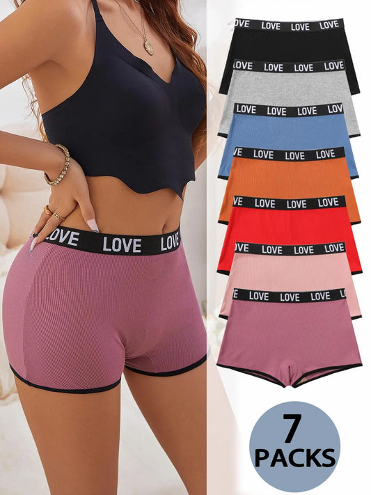 Women'S 7Pcs Letter Tape Contrast Binding Ribbed Boyshorts, Fitted Knickers, Soft Comfy Breathable Panties for Daily Wear, Underwear for All Seasons Womenswear
