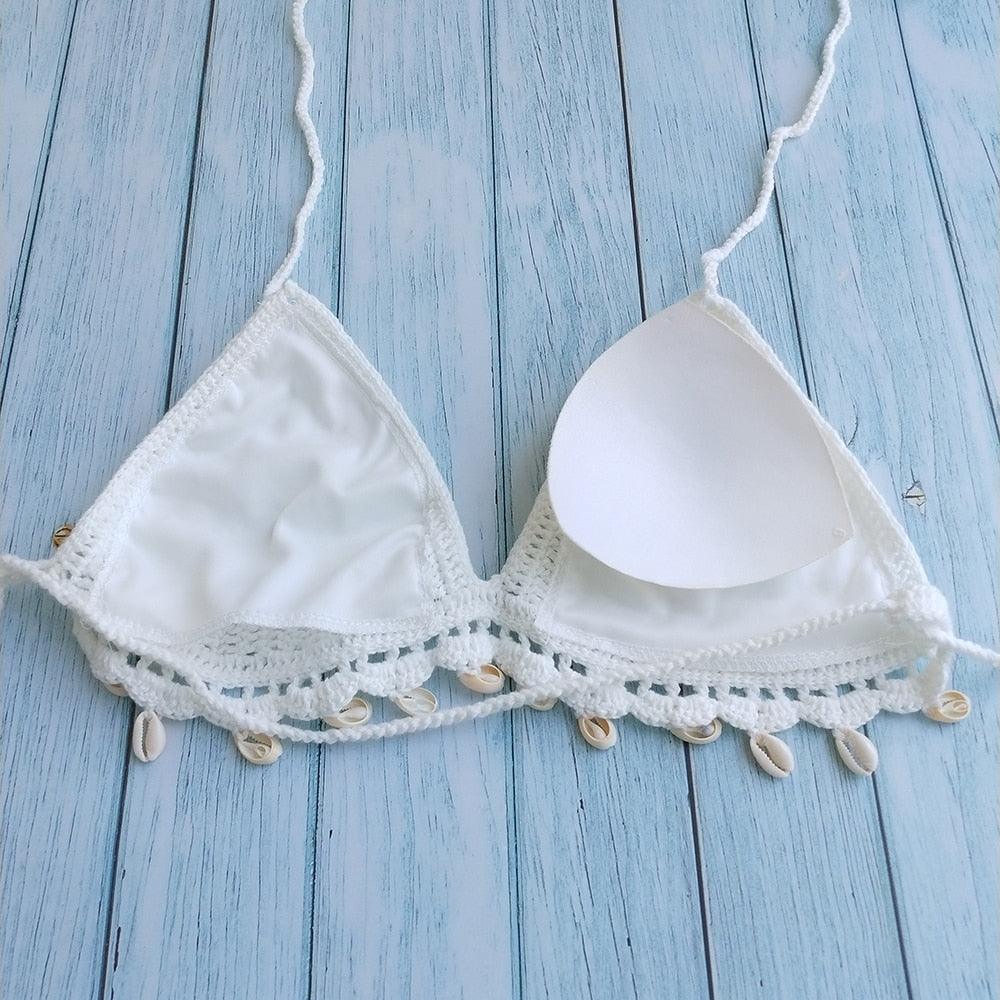 Woman's Bikini Crochet Shell Tassel Bikini Top And Seashell Beach Skirt