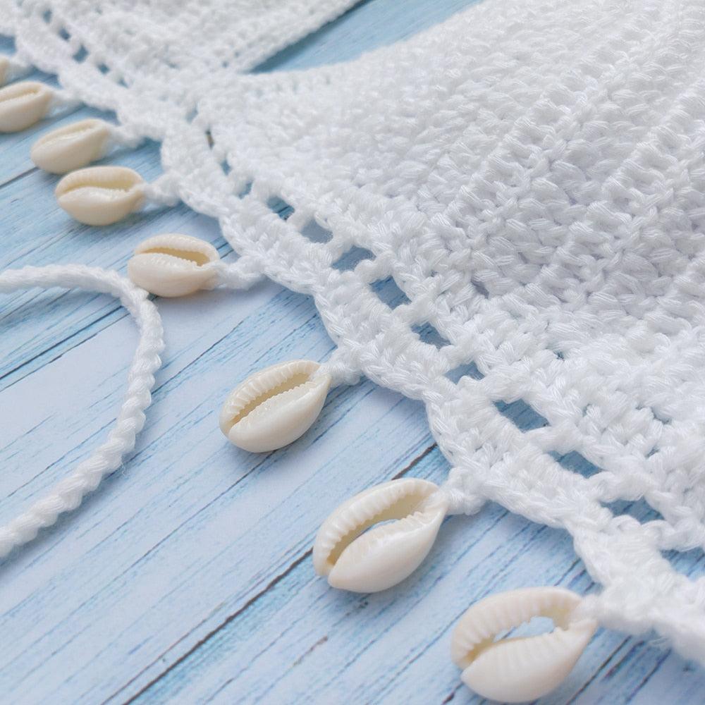 Woman's Bikini Crochet Shell Tassel Bikini Top And Seashell Beach Skirt