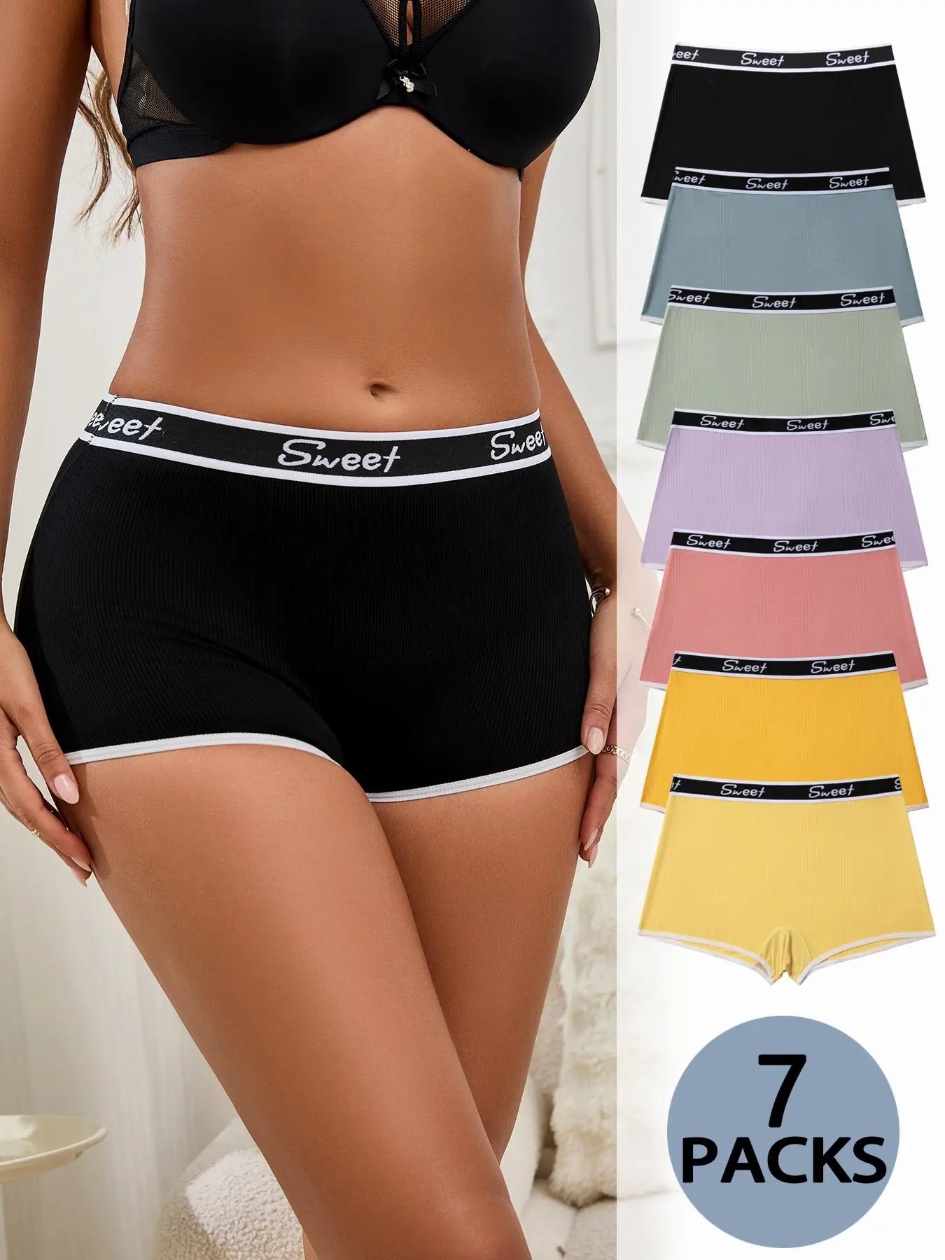 Women'S 7Pcs Letter Tape Contrast Binding Ribbed Boyshorts, Fitted Knickers, Soft Comfy Breathable Panties for Daily Wear, Underwear for All Seasons Womenswear