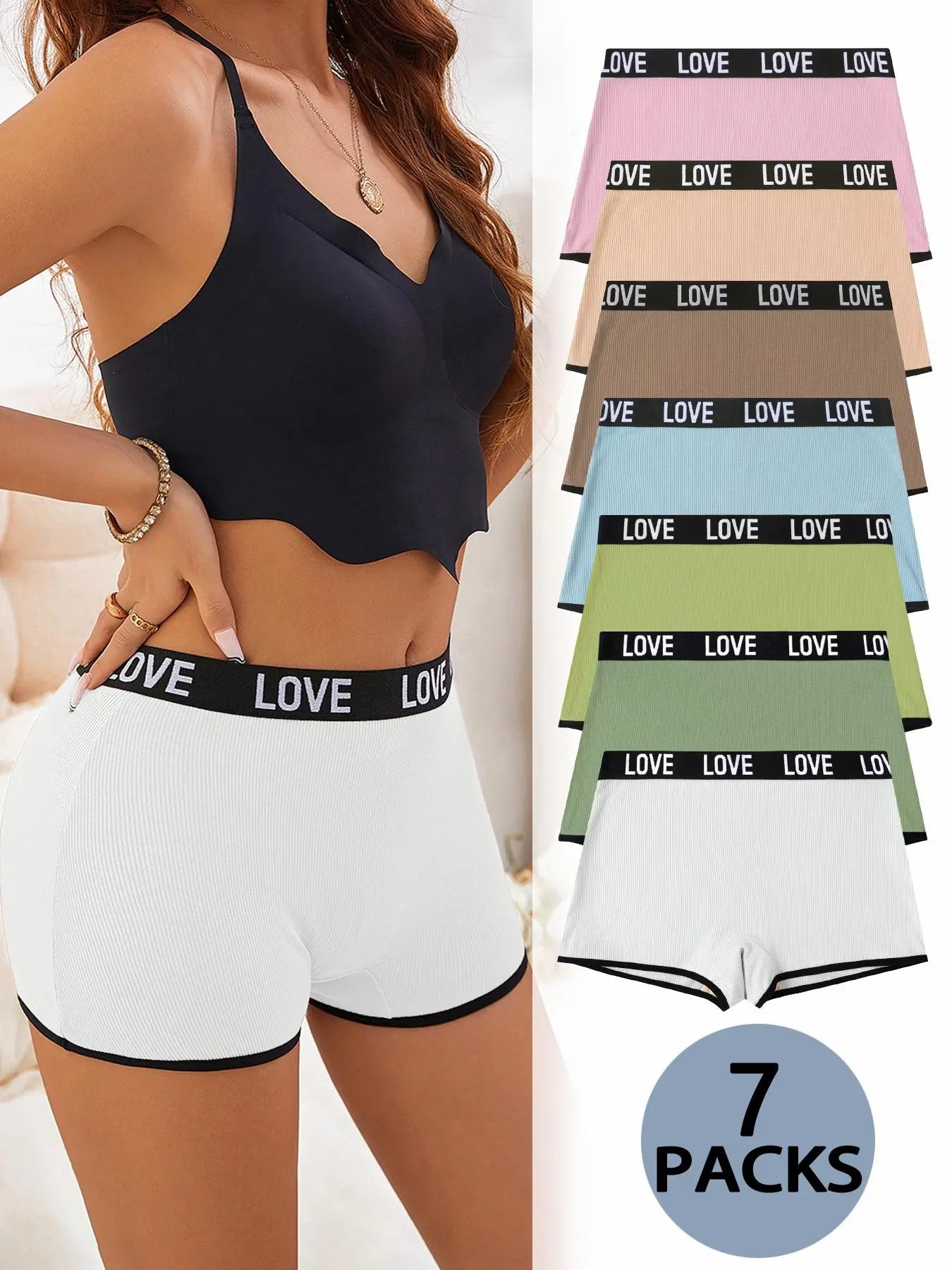 Women'S 7Pcs Letter Tape Contrast Binding Ribbed Boyshorts, Fitted Knickers, Soft Comfy Breathable Panties for Daily Wear, Underwear for All Seasons Womenswear